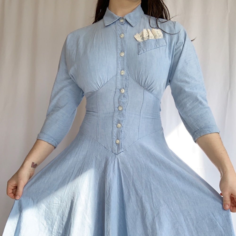 Vintage 70s Light Denim Corset Cottage Core Dress - Picture 2 of 6